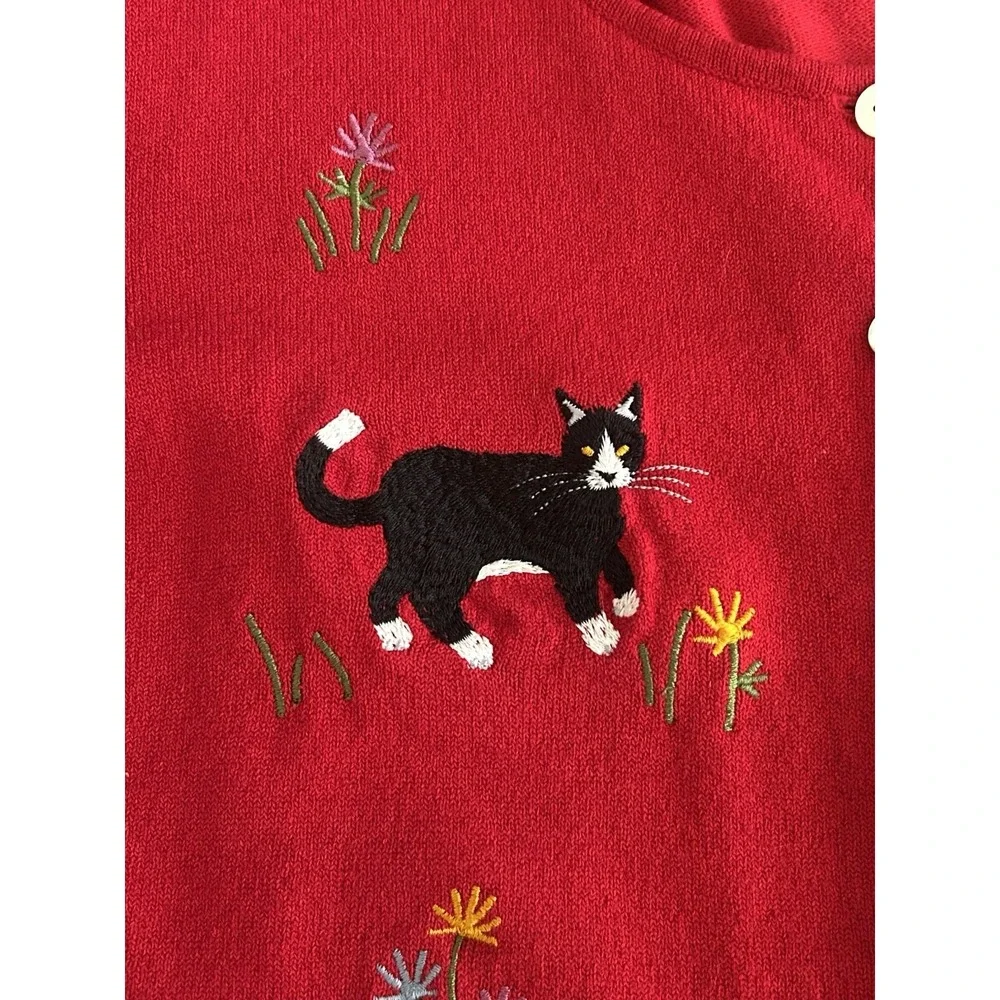 Vintage Northern Isles‎ Cardigan Sweater Red Embroidered Cats Whimsy Large